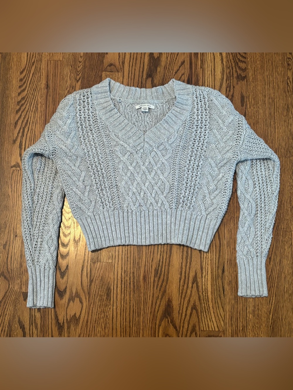 American Eagle Gray Cable Knit Cropped V-Neck Sweater - Size S